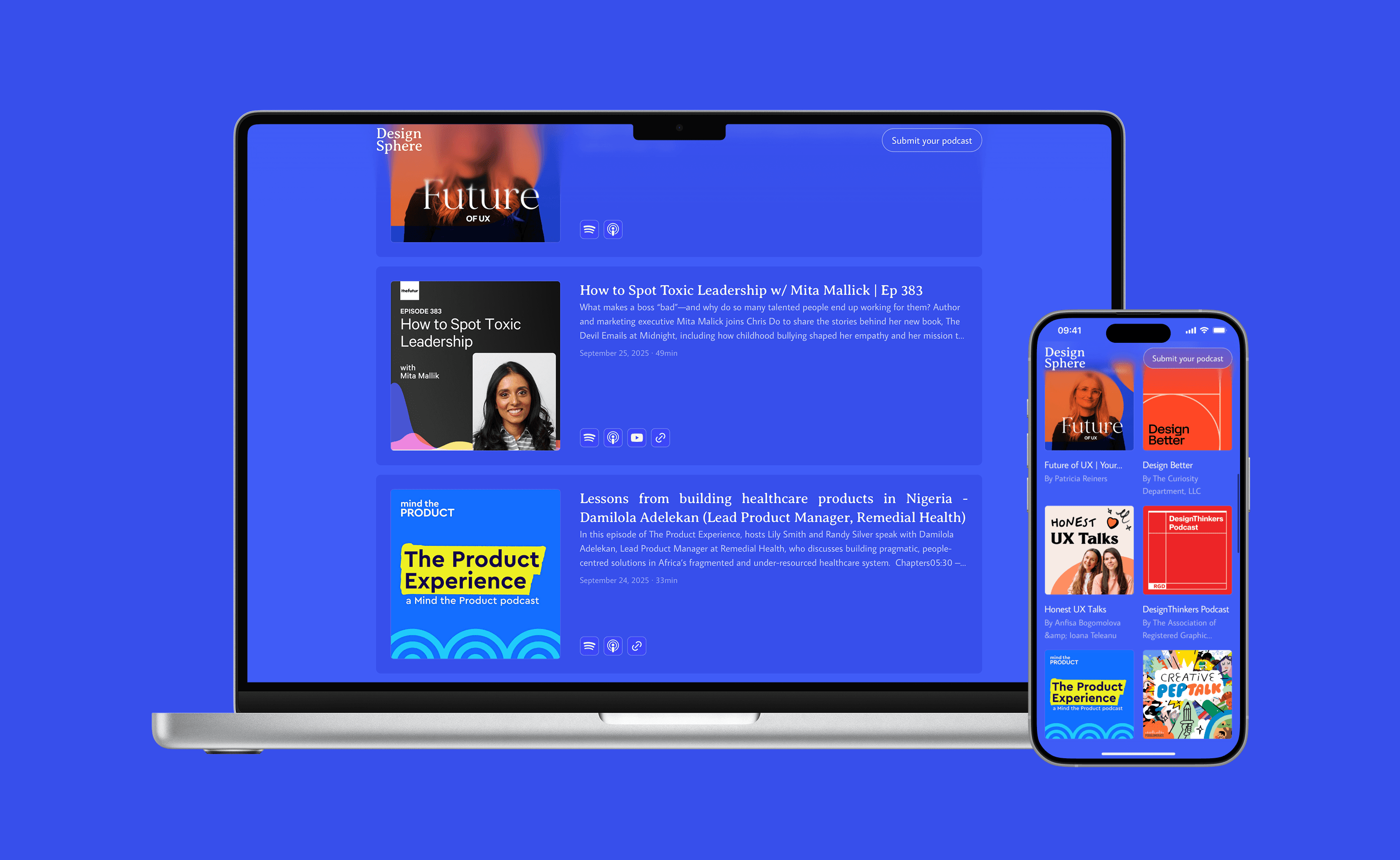 Design Sphere podcast platform showing curated design content